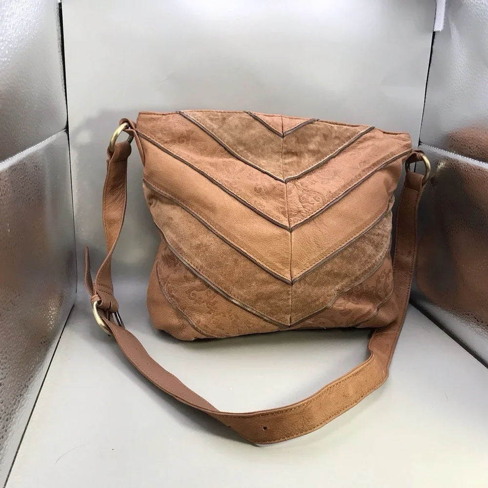 St Johns Bay Genuine Leather Shoulder Strap Hobo Bag Chevron Brown